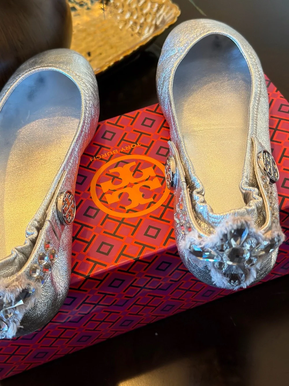 Tory Burch Metallic Silver Jewel-Embellished Ballet Flats